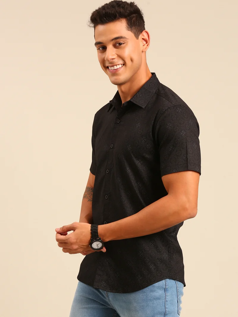جوفن قميص قطني مطبوع رجالي أسود