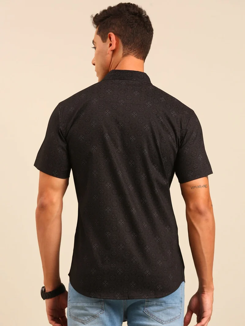 جوفن قميص قطني مطبوع رجالي أسود