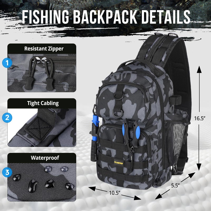 PLUSINNO Fishing Backpack with Tackle Boxes, Waterproof Fishing Sling Tackle Bag For Fishing Gear With Rod Holder, Fishing Gifts for Men With Fishing lures, Fishing pliers. - Image 2