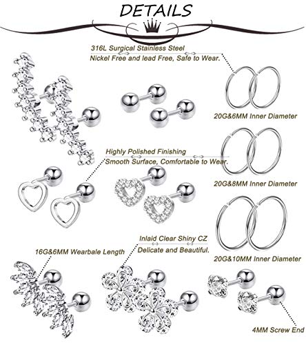 Masedy 10Pairs Stainlesss Steel Cartilage Stud Earrings for Women Helix Tragus Couch Hoop Piercing Earrings Set 10S - Image 3