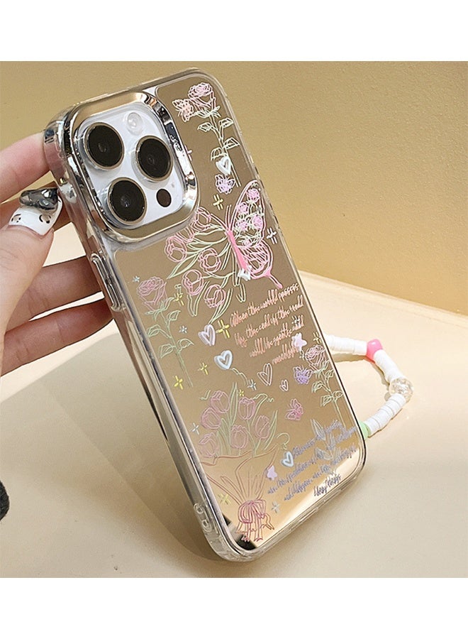 واي جيه متوافق مع حافظات آيفون 16 برو ماكس - حافظات نمط الفراشة - جراب هاتف بنمط وردي - حافظات مرآة - حماية من السقوط من مادة TPU - مع حبل ، 1 قطعة - Image 4