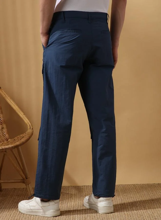 Dennis Lingo navy blue Men's Blazing Blue 100% Nylon Solid Pattern Full Length Cargo Joggers Straight Fit Pants for Men | Best Price UAE