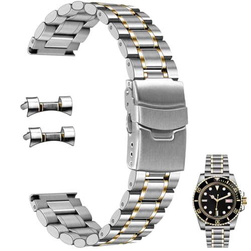 Juntan Two Tone Stainless Steel Watch Band 20mm, Curved End Metal Watch Bands Strap for Men Women, Quick Release Silver Gold Replacement Bracelet with Folding Buckle - Image 1