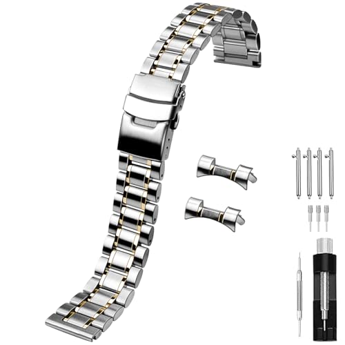 Juntan Two Tone Stainless Steel Watch Band 20mm, Curved End Metal Watch Bands Strap for Men Women, Quick Release Silver Gold Replacement Bracelet with Folding Buckle - Image 2