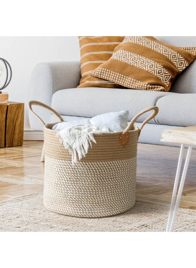 CHICVITA - Large Jute Basket Woven Storage Basket With Handles – Jute Laundry Basket Toy Towels Blanket Basket Home Decor White 14 Inch X 14 Inch X 12 Inch - Image 1