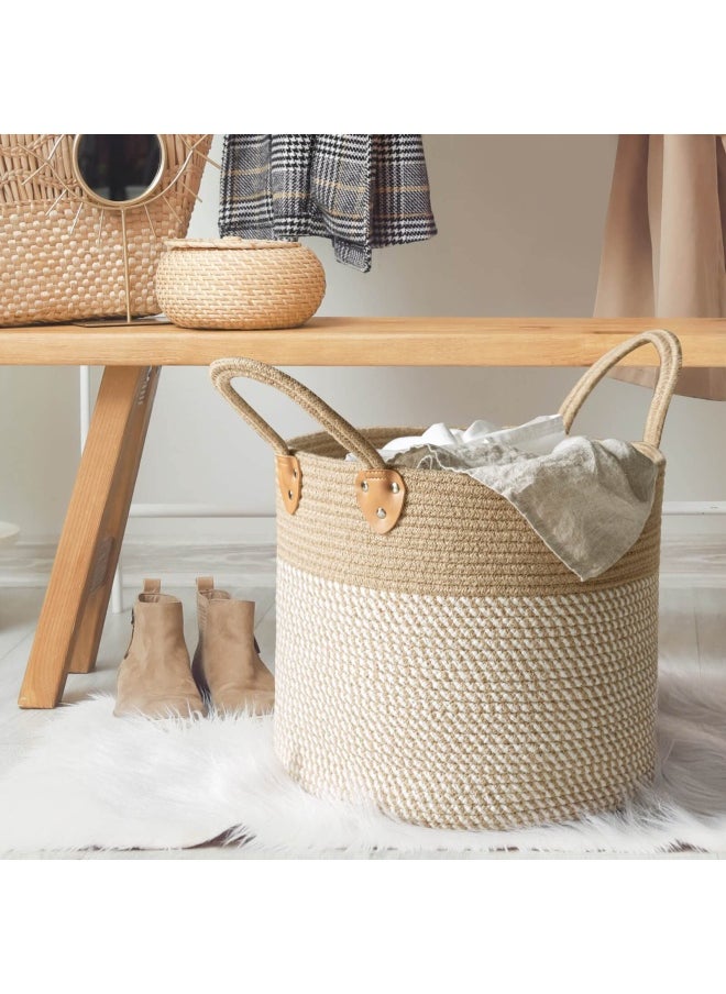 CHICVITA - Large Jute Basket Woven Storage Basket With Handles – Jute Laundry Basket Toy Towels Blanket Basket Home Decor White 14 Inch X 14 Inch X 12 Inch - Image 1