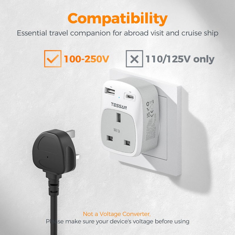 TESSAN UK to South Africa Plug Adapter, Type M Travel Adapter with USB C - Image 4