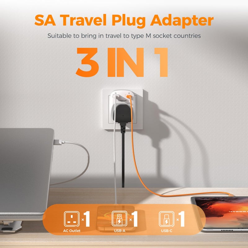 TESSAN UK to South Africa Plug Adapter, Type M Travel Adapter with USB C - Image 2