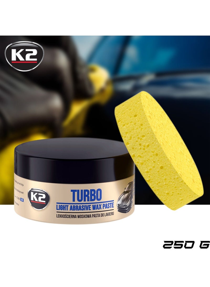 كي 2 معجون شمع K2 Turbo الخفيف الكاشط (250 جم) مع إسفنجة تطبيق، لتلميع طلاء السيارة وإزالة الخدوش وتوفير حماية ولمعان. - Image 2