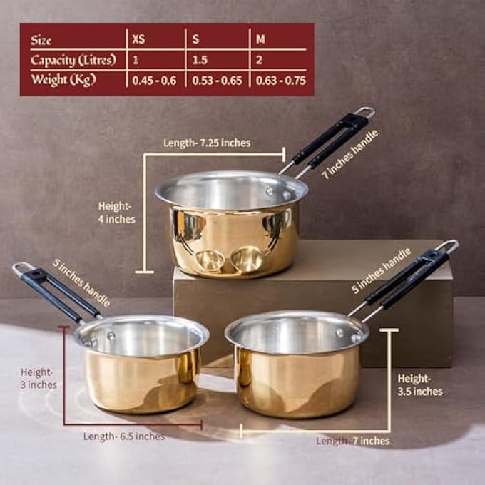 P-TAL Saucepans Set Of 3 1L 15L 2L 100 Pure Brass And NonToxic Brass Tea PanMilk Pan Ptal Brass Utensils And Brass Cookware Set Of 3 - Image 3