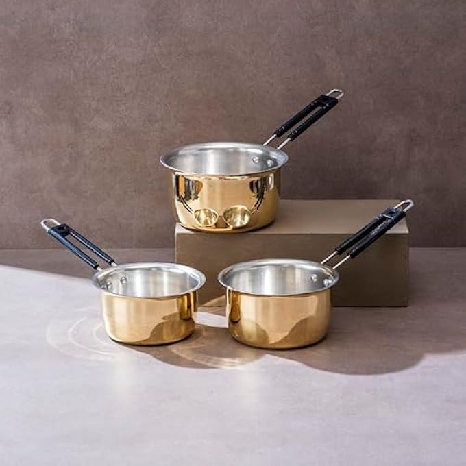 P-TAL Saucepans Set Of 3 1L 15L 2L 100 Pure Brass And NonToxic Brass Tea PanMilk Pan Ptal Brass Utensils And Brass Cookware Set Of 3 - Image 1