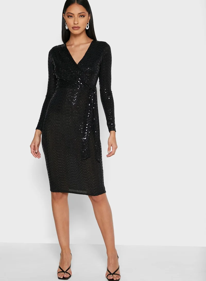 QUIZ Sequin Wrap Midi Dress