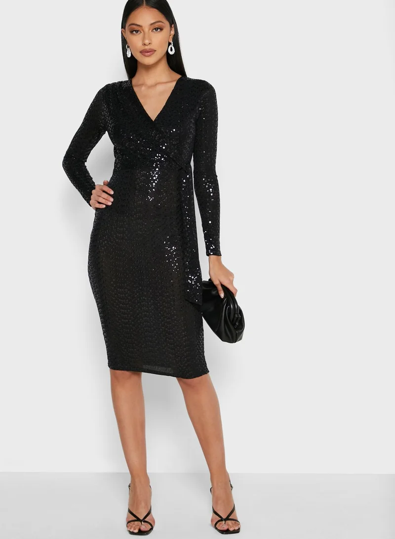 QUIZ Sequin Wrap Midi Dress