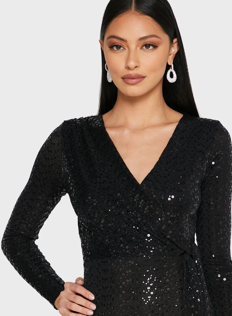 QUIZ Sequin Wrap Midi Dress