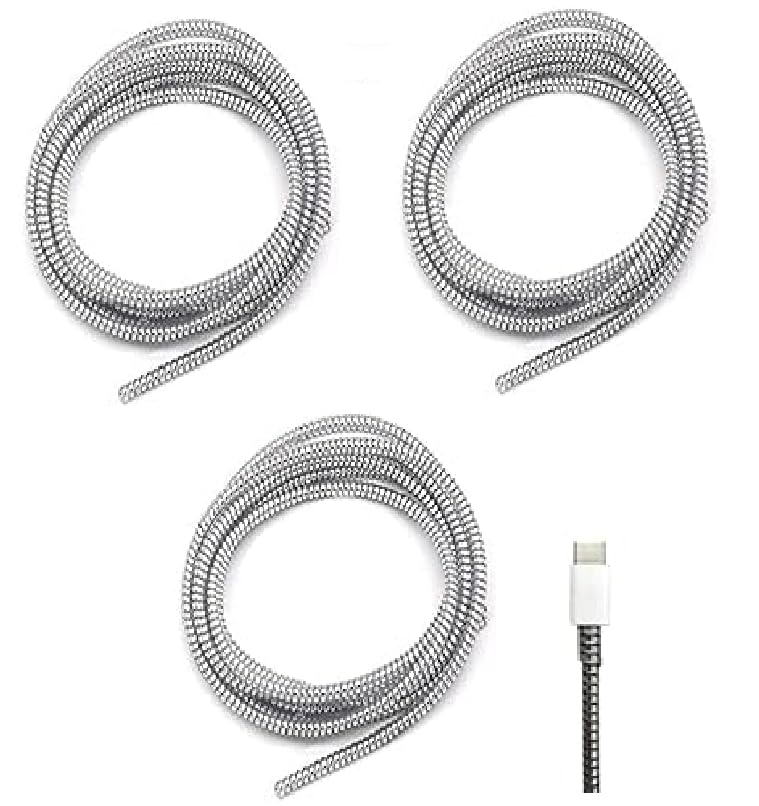 LOOPRED Cable Protector, Metallic Spiral Wire Organizer, 150 cm Plastic Cord Management for iPhone and Android Charging Cables (Silver Pack 3) - Image 1