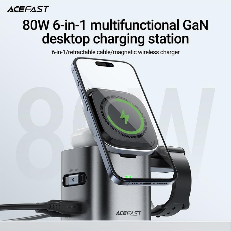 ACEFAST 6-in-1 80W Foldable GaN Wireless Fast Charging Station for iPhone 17/16/15 Series, Desktop Magnetic Wireless Charger Dock Station with USB C Rretractable Cable for AirPods 2/3/4/Pro 2/Pro 3 - Image 2