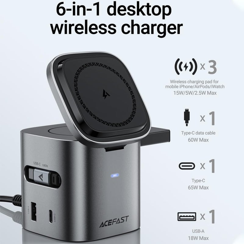 ACEFAST 6-in-1 80W Foldable GaN Wireless Fast Charging Station for iPhone 17/16/15 Series, Desktop Magnetic Wireless Charger Dock Station with USB C Rretractable Cable for AirPods 2/3/4/Pro 2/Pro 3 - Image 3