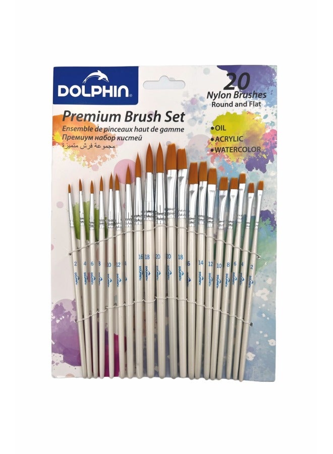 Dolphin Flat and Round Tip Premium Brush Set – PBS-0725, High-Quality, Ideal for Watercolor & Acrylic Painting, Pack of 20 