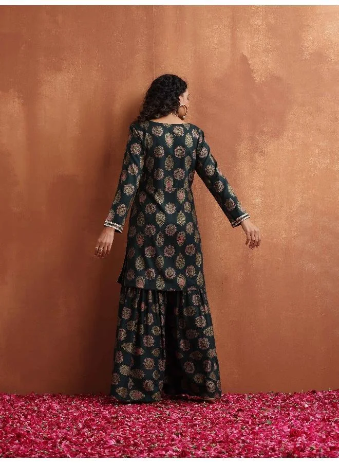 trueBrowns Green Foil Print Sharara Set