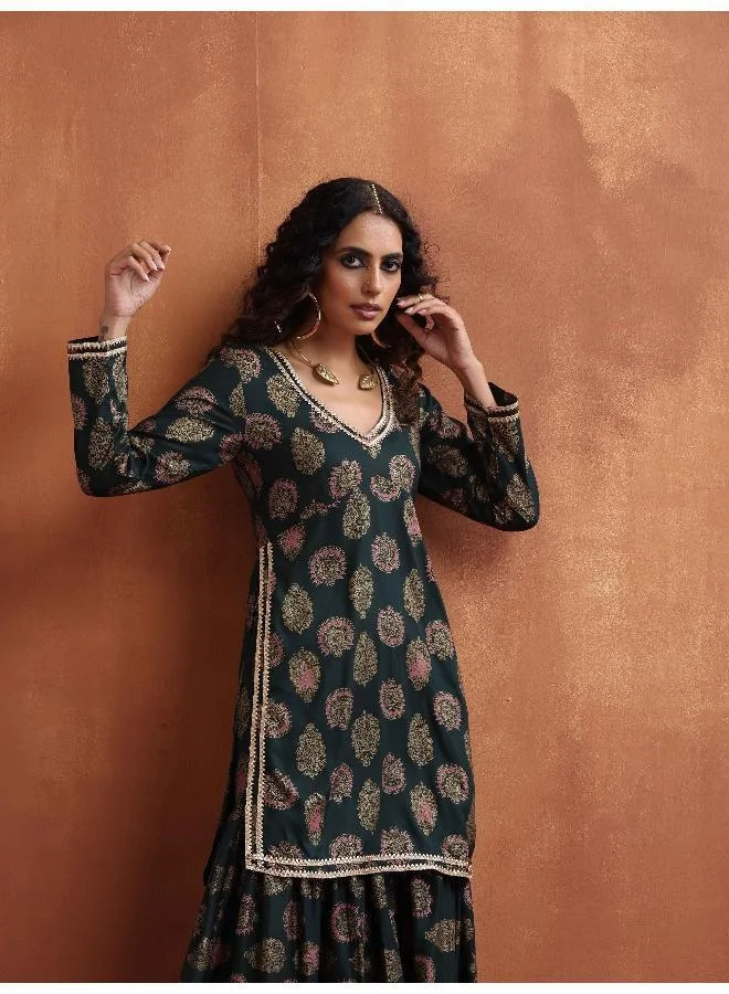 trueBrowns Green Foil Print Sharara Set