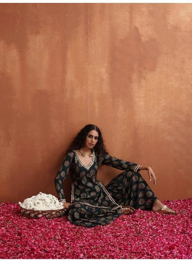 trueBrowns Green Foil Print Sharara Set