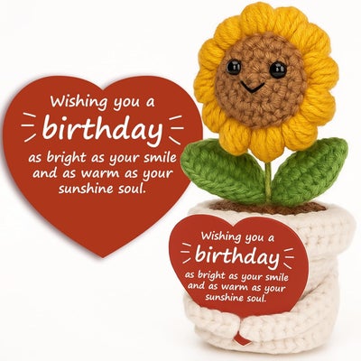 Happy Threads Birthday Sunflower Pot with Inspirational Message Card, Handmade Crochet Potted Flower Decoration, Cute Desk & Shelf Décor, Birthday Gift for Women, Friends, Teachers & Family
