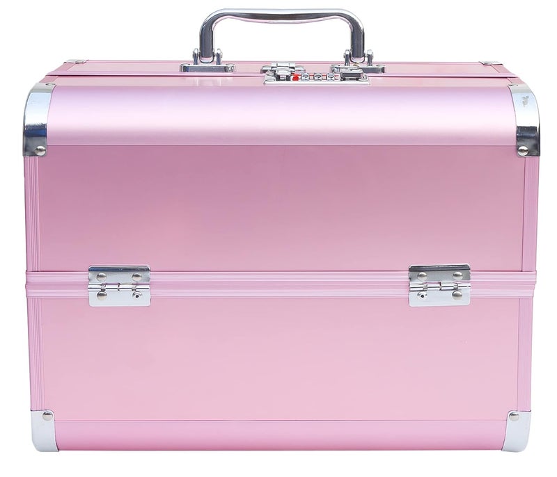 ADSON Professional Makeup Box Cosmetics Case Jewelry Organiser Vanity Make Up Storage Box Beauty Train Case Lockable with Keys (Silver with Rose Pink Corner) - Image 1