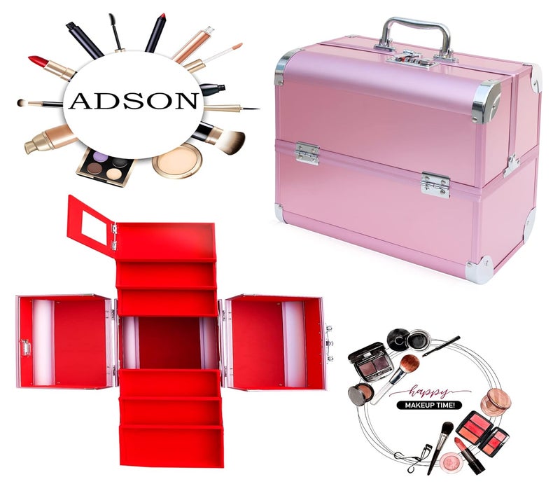 ADSON Professional Makeup Box Cosmetics Case Jewelry Organiser Vanity Make Up Storage Box Beauty Train Case Lockable with Keys (Silver with Rose Pink Corner) - Image 4