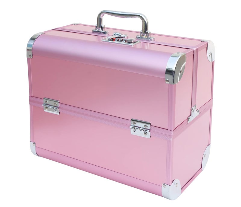 ADSON Professional Makeup Box Cosmetics Case Jewelry Organiser Vanity Make Up Storage Box Beauty Train Case Lockable with Keys (Silver with Rose Pink Corner) - Image 2