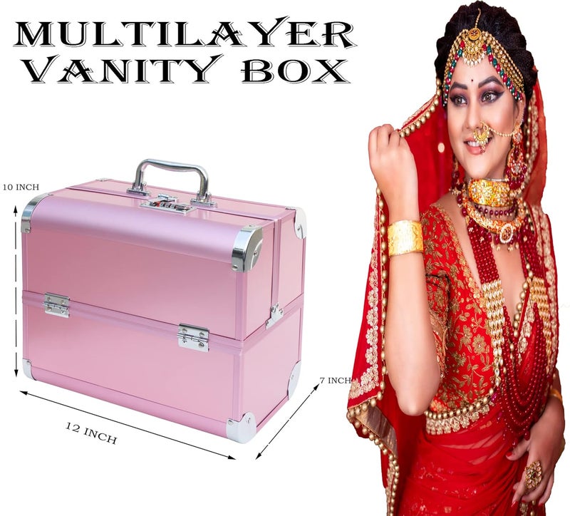 ADSON Professional Makeup Box Cosmetics Case Jewelry Organiser Vanity Make Up Storage Box Beauty Train Case Lockable with Keys (Silver with Rose Pink Corner) - Image 5