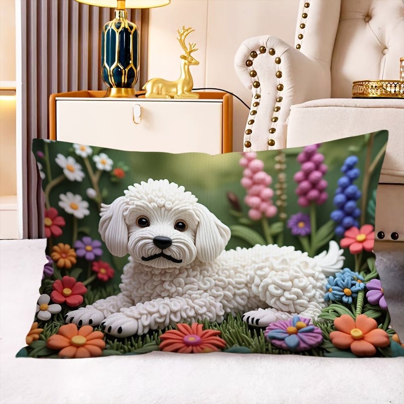 1pc Small Pillowcase White Puppy And Colorful Flowers Theme Polyester Material 11.81x19.69inch Multipurpose Reusable For Bed Camping Party Decoration Birthday Gift Anniversary Fathers Day - Image 1