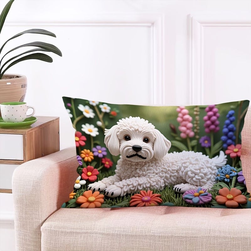 1pc Small Pillowcase White Puppy And Colorful Flowers Theme Polyester Material 11.81x19.69inch Multipurpose Reusable For Bed Camping Party Decoration Birthday Gift Anniversary Fathers Day - Image 3
