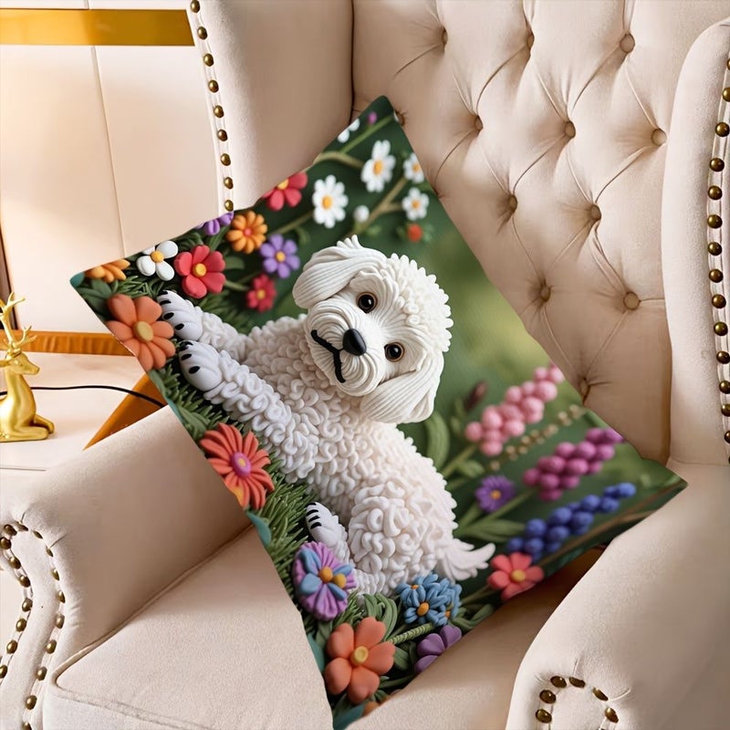 1pc Small Pillowcase White Puppy And Colorful Flowers Theme Polyester Material 11.81x19.69inch Multipurpose Reusable For Bed Camping Party Decoration Birthday Gift Anniversary Fathers Day - Image 2