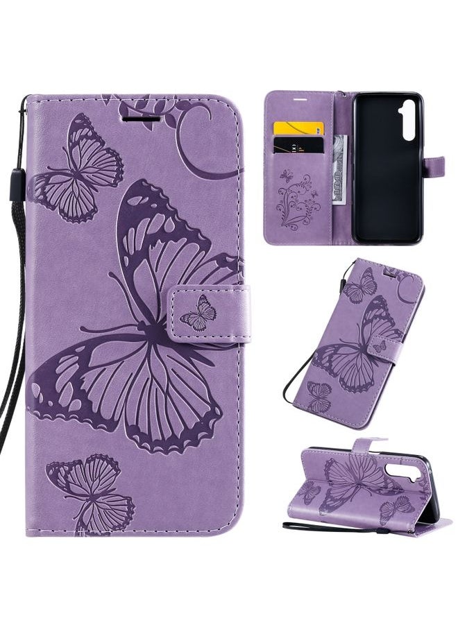 HuHa Case Cover For Realme 6 Pro 3D Butterflies Embossing Pattern Horizontal Flip Leather Case with Holder & Card Slot & Wallet & Lanyard Purple 