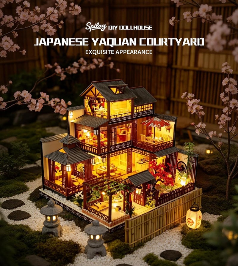 Spilay Varied size selections Dollhouse DIY Miniature Wooden Furniture Kit,Mini Handmade Big Japanese Courtyard Model Plus with LED & Music Box,1:24 Scale Creative Doll House Toys for Adult Gift Set product combo compatible - Image 3