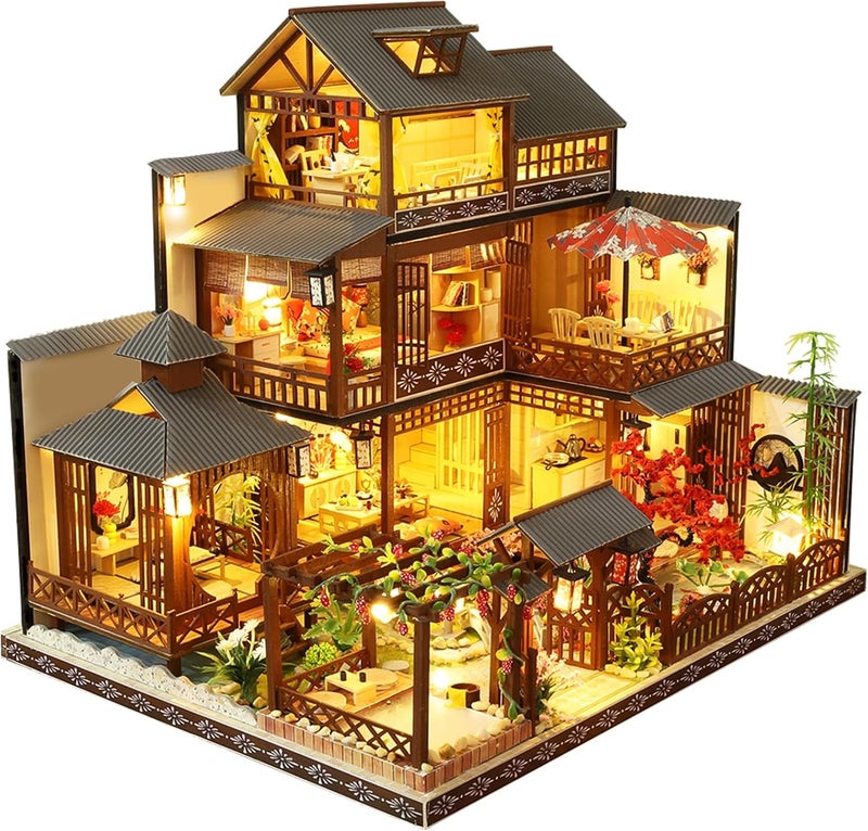Spilay Varied size selections Dollhouse DIY Miniature Wooden Furniture Kit,Mini Handmade Big Japanese Courtyard Model Plus with LED & Music Box,1:24 Scale Creative Doll House Toys for Adult Gift Set product combo compatible - Image 1