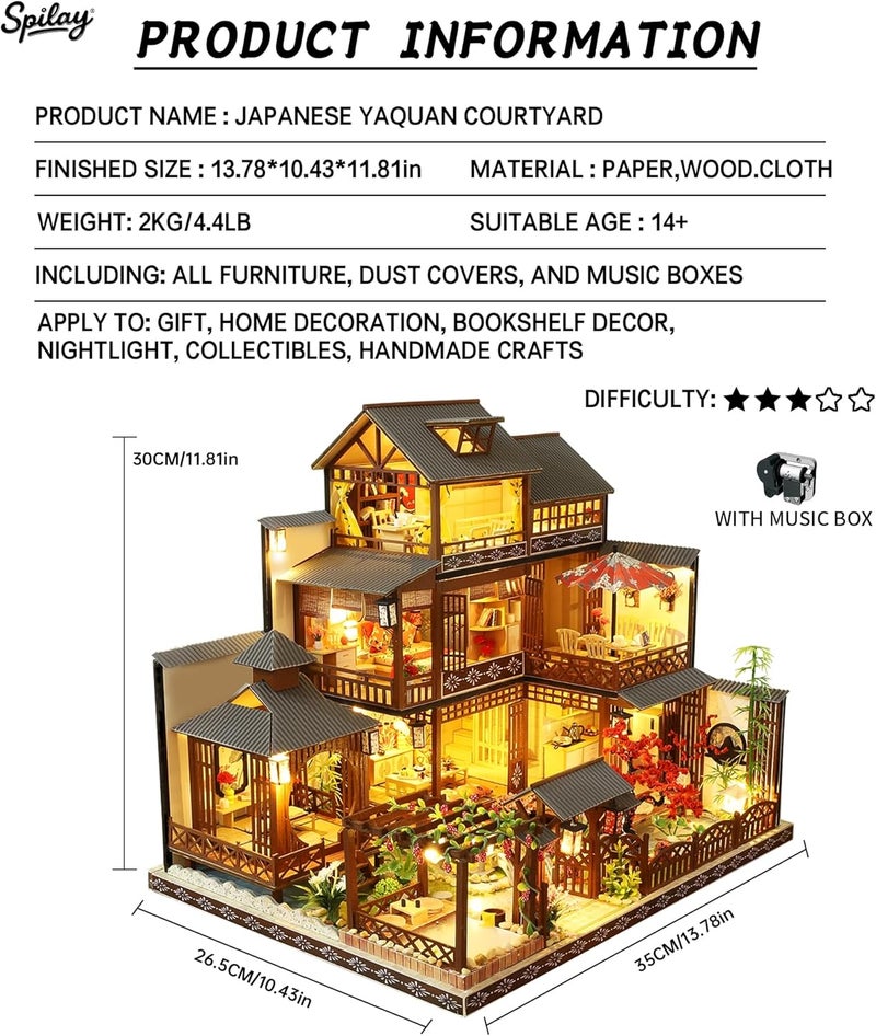 Spilay Varied size selections Dollhouse DIY Miniature Wooden Furniture Kit,Mini Handmade Big Japanese Courtyard Model Plus with LED & Music Box,1:24 Scale Creative Doll House Toys for Adult Gift Set product combo compatible - Image 2
