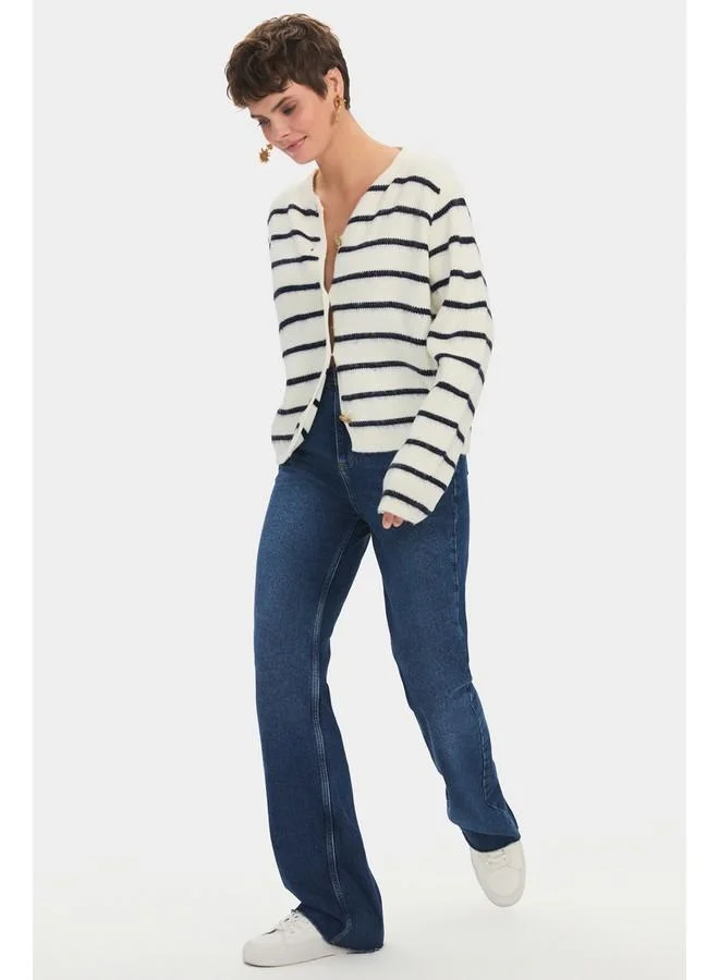 جون June Women Striped Gold Button Detailed Knitwear Cardigan White  -Navy