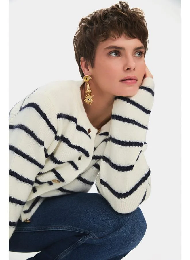 جون June Women Striped Gold Button Detailed Knitwear Cardigan White  -Navy
