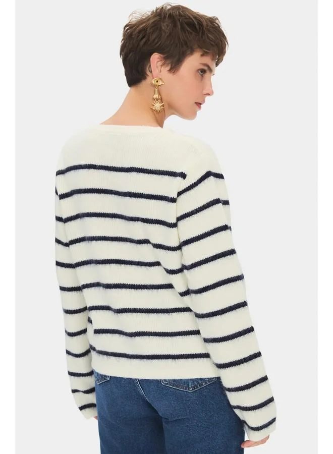 جون June Women Striped Gold Button Detailed Knitwear Cardigan White  -Navy
