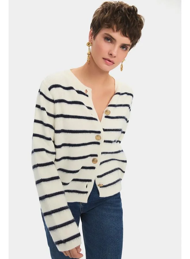 جون June Women Striped Gold Button Detailed Knitwear Cardigan White  -Navy