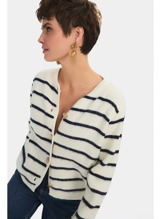 جون June Women Striped Gold Button Detailed Knitwear Cardigan White  -Navy