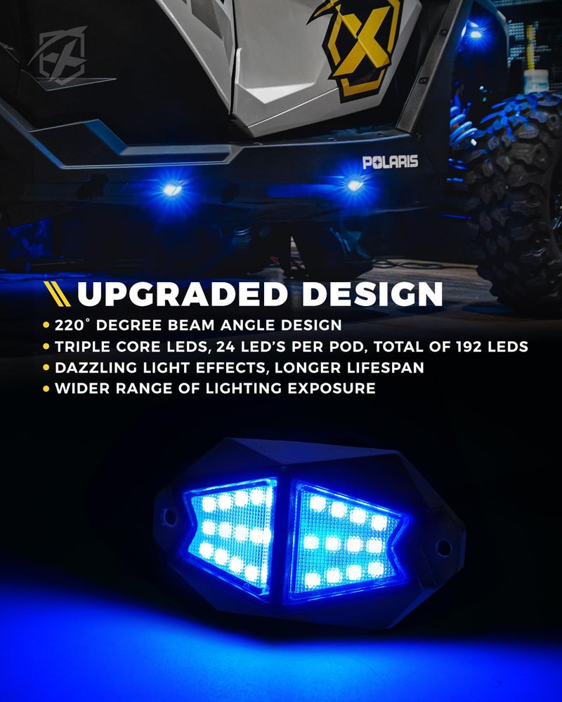 Xprite أضواء صخور RGB LED من Xprite 10 بود، زاوية واسعة 220° مع تحكم عن بُعد عبر التطبيق/ RF، تأثير مطارد، مزامنة موسيقية وإشارة فرامل متوافقة مع الشاحنة، جيب، UTV، ATV - Image 2