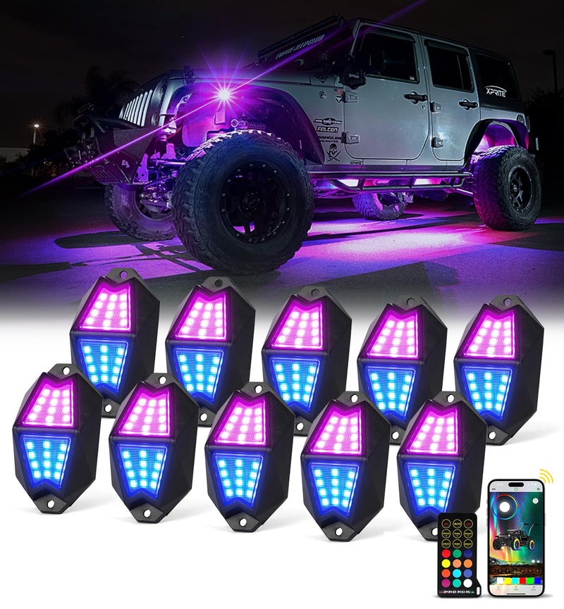 Xprite أضواء صخور RGB LED من Xprite 10 بود، زاوية واسعة 220° مع تحكم عن بُعد عبر التطبيق/ RF، تأثير مطارد، مزامنة موسيقية وإشارة فرامل متوافقة مع الشاحنة، جيب، UTV، ATV - Image 1