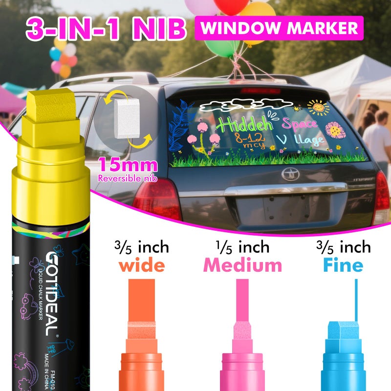 GOTIDEAL 15mm Window Markers, Jumbo Chalk Markers for Blackboard Erasable,Washable Car Marker for Auto,Chalkboard,Glass,Mirrow,Calendar,12 Colors Car Paint Pens With Metallic Colorsï¼ˆ3-in-1 Thick Tipï¼‰ - Image 2
