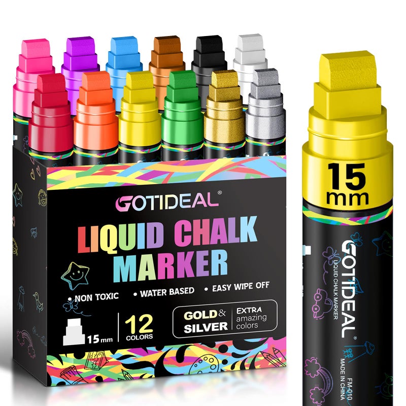 GOTIDEAL 15mm Window Markers, Jumbo Chalk Markers for Blackboard Erasable,Washable Car Marker for Auto,Chalkboard,Glass,Mirrow,Calendar,12 Colors Car Paint Pens With Metallic Colorsï¼ˆ3-in-1 Thick Tipï¼‰ - Image 1