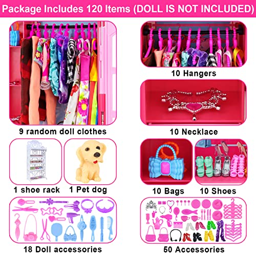 Ecore Fun 120 Pcs Fashion Doll Closet Wardrobe for Clothes and Accessories Storage Include Clothes, Dresses, Shoes, Shoes Rack, Bags, Necklace, Hangers for 11.5 Inch Girl Doll Clothes - Image 2