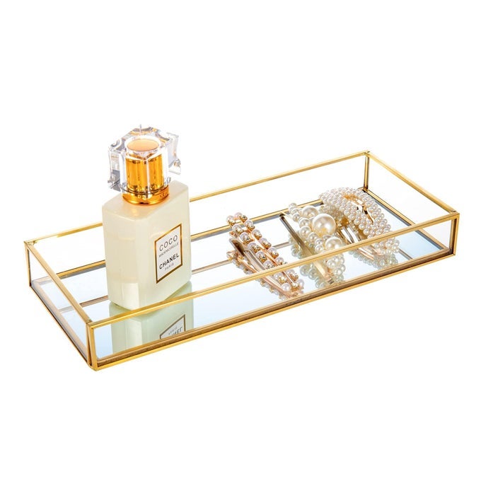 GOLD CLEAR GLASS VANITY TRAY JEWELRY TRINKET RINGS EARRINGS ORGANIZER PERFUME COLLECTION DISPLAY DECORATIVE TRAY ANTIMIRROR SURFACE FOR DRESSR ROOM DRAWER OFFICE TABLETOP 984 X 393INCH