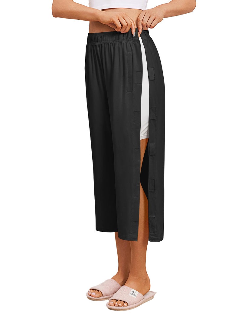 Deyeek Womens Tear Away Pants Capri Post Knee Ankle Replacement Surgery Pants Breakaway Sweatpants Side Snap with Pockets Black - Image 2