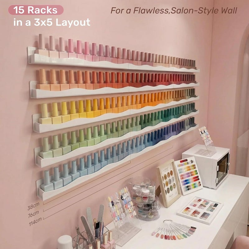 YMVV 15" Nail Polish Racks Wall Mounted Shelf,6 Pack White Acrylic Nail Polish Organizer Nail Supplies for Nail Techs,Great Display for Salons Retailers - Image 2